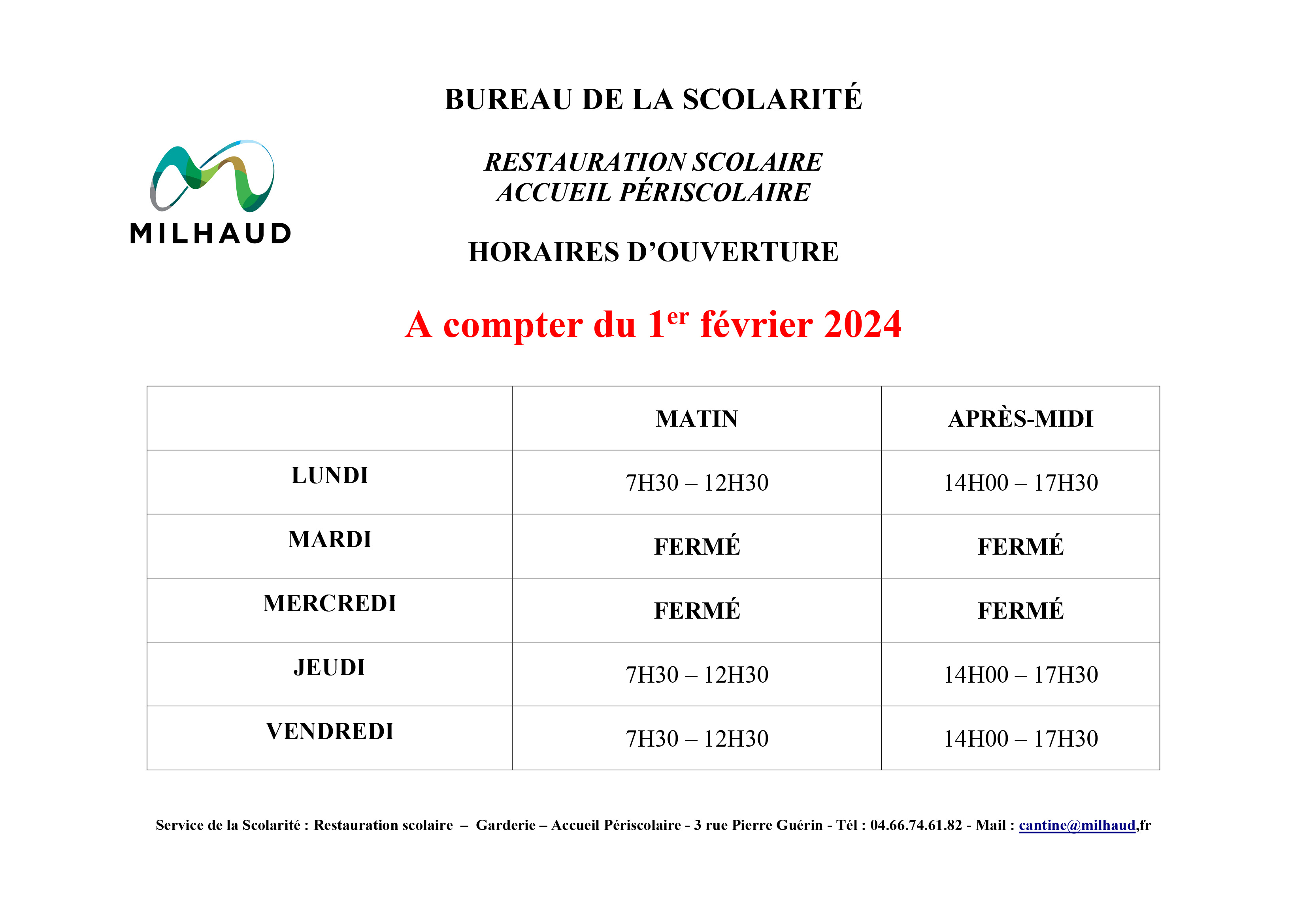 NOUVEAUX HORAIRES BUREAU 26 01 2024