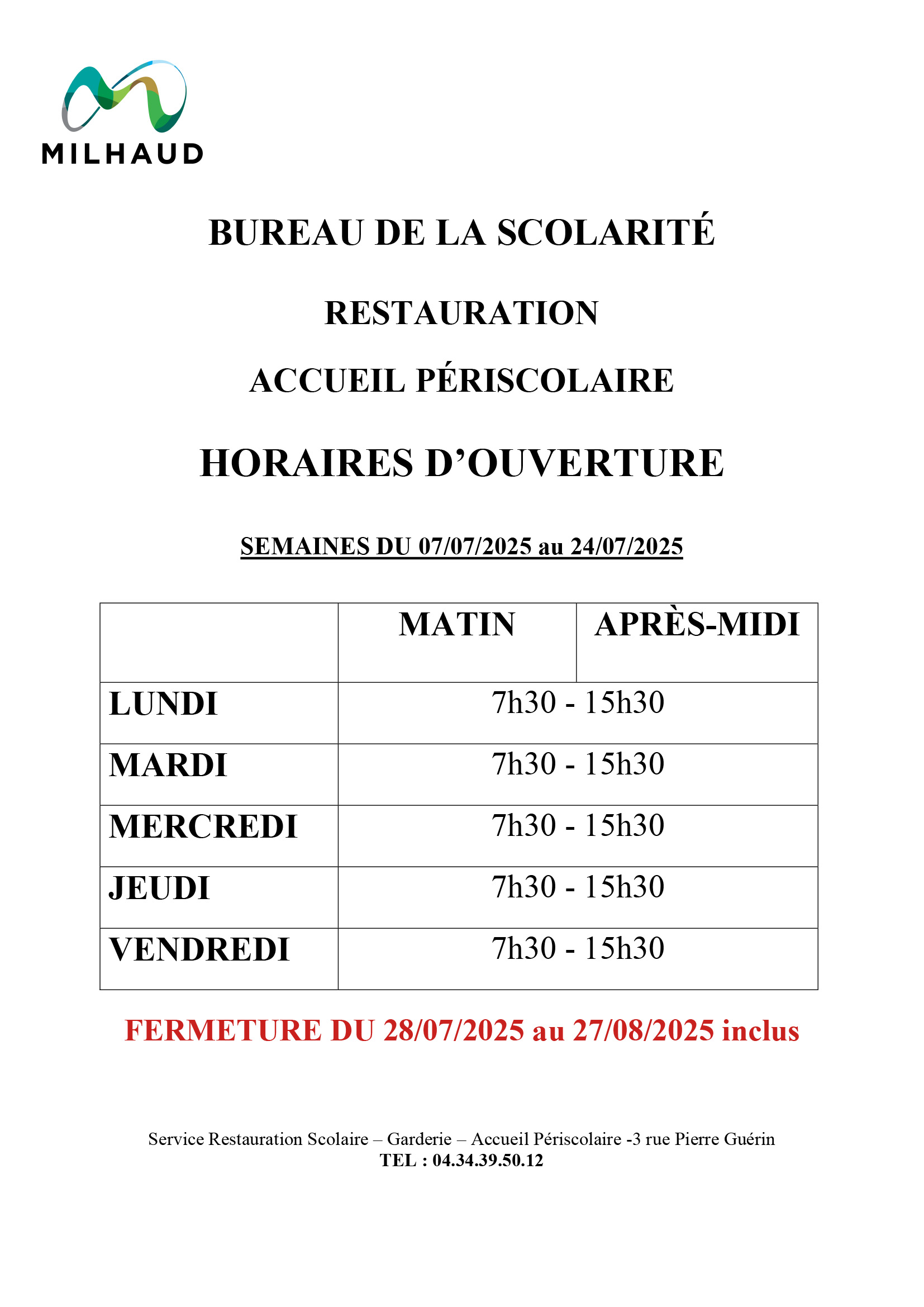 AFF VACANCES SCOLAIRES OUVERTURE BUREAU 03 07 2025