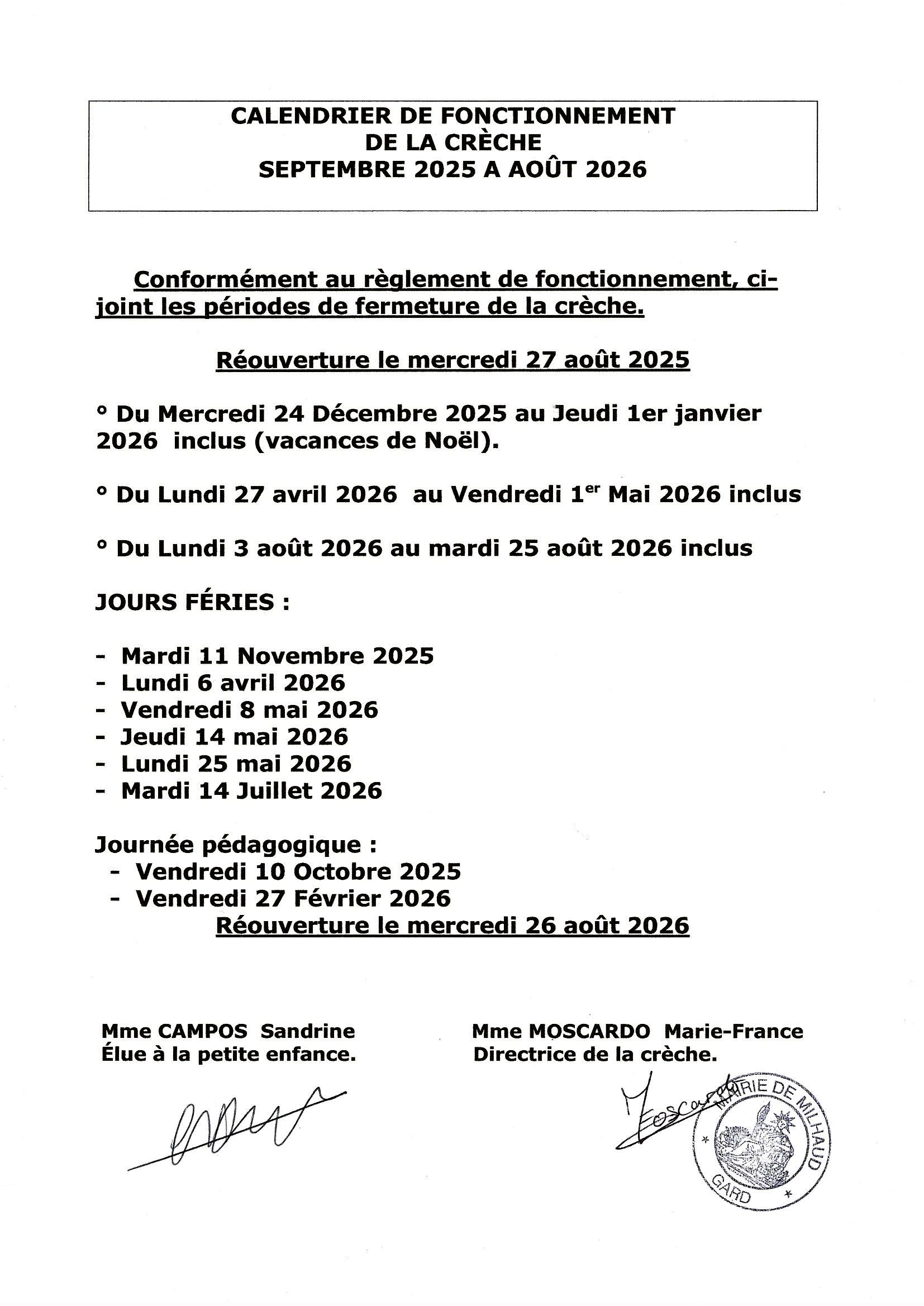 CALENDRIER FONCTIONNEMENT 2025 2026