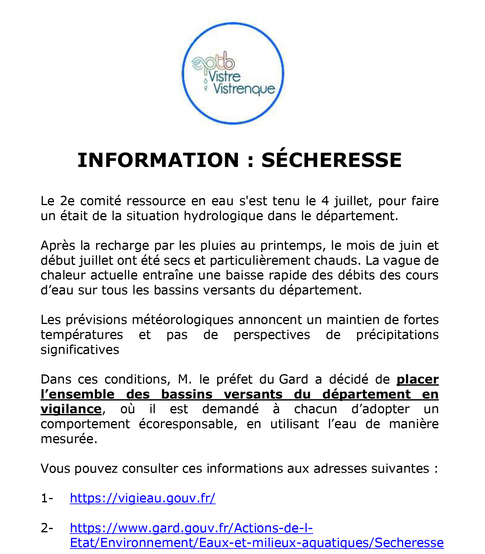 INFORMATION SECHERESSE 2025