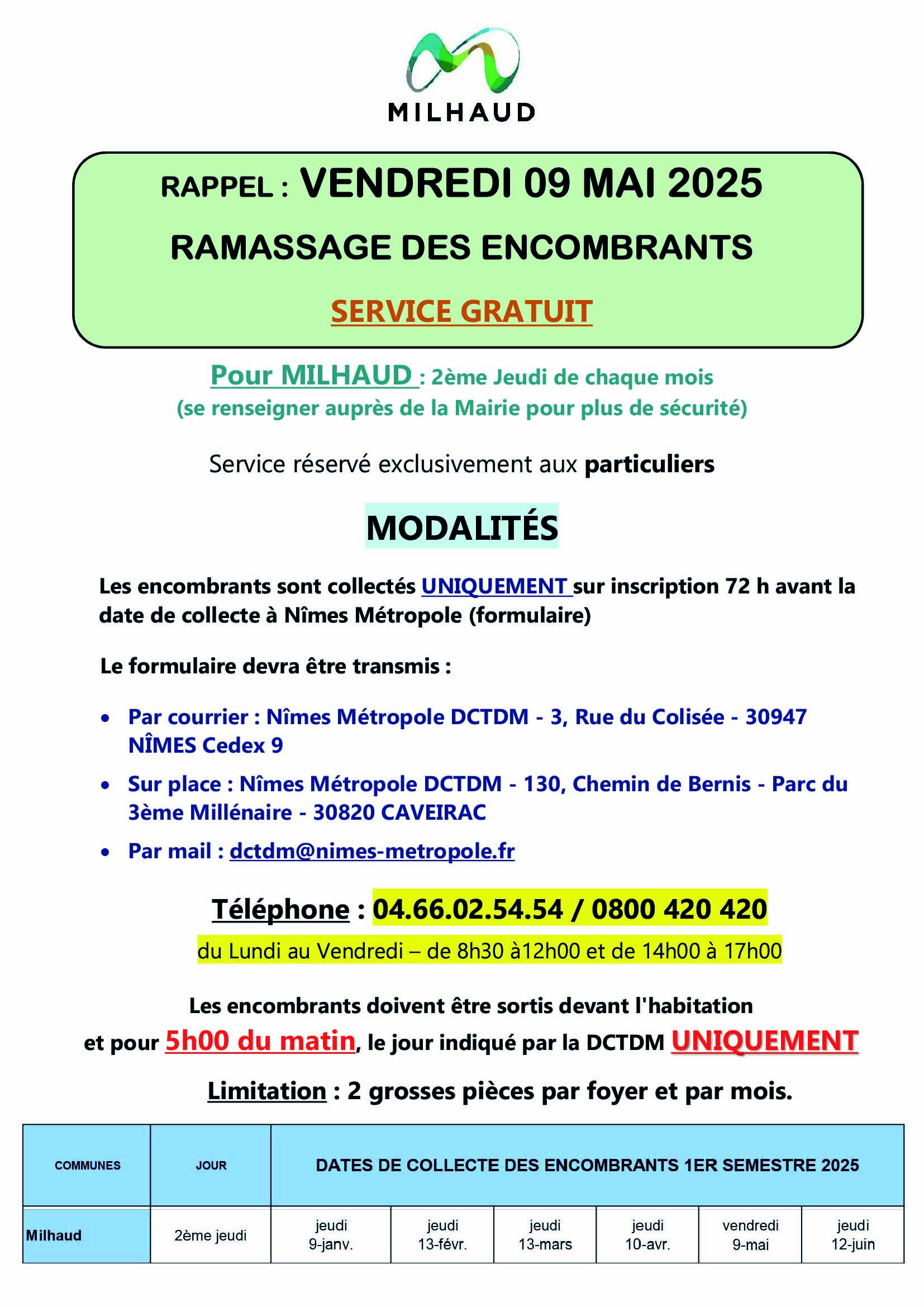 RAPPEL Ramassage encombrants 09 Mai 2025
