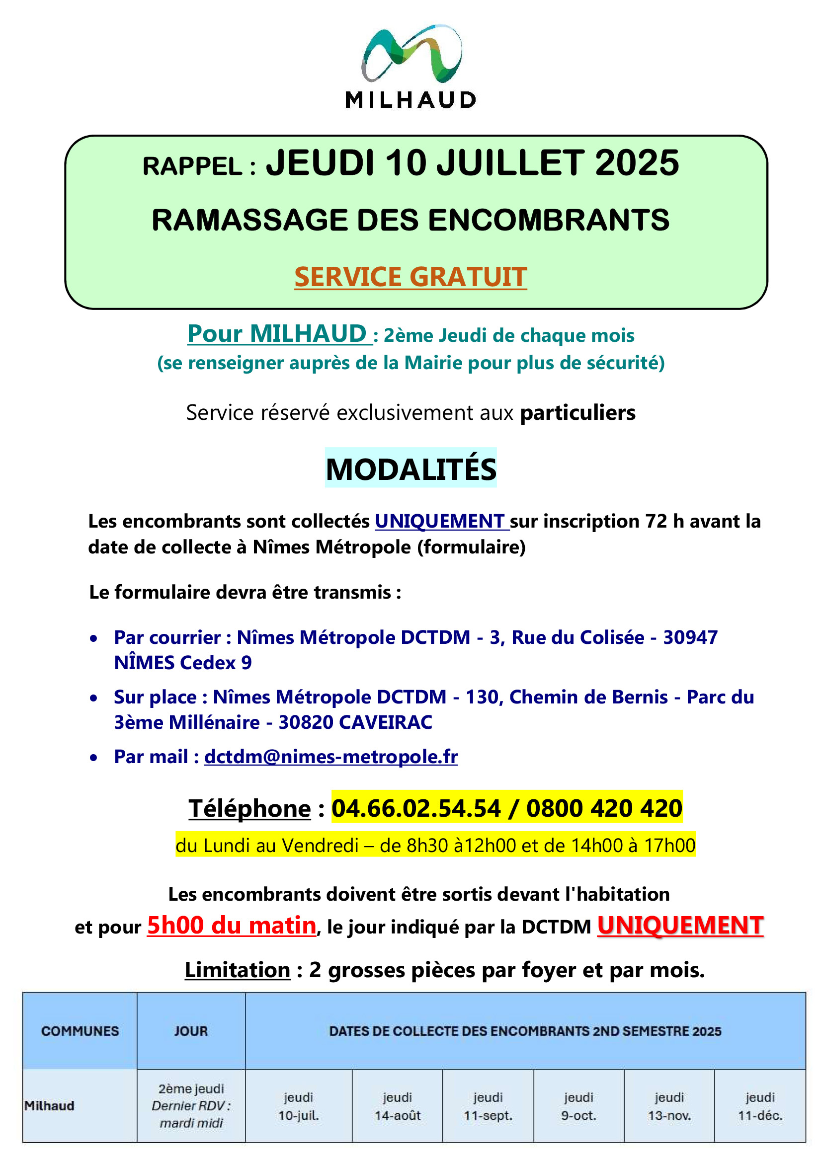 RAPPEL Ramassage encombrants 10 Juillet 2025