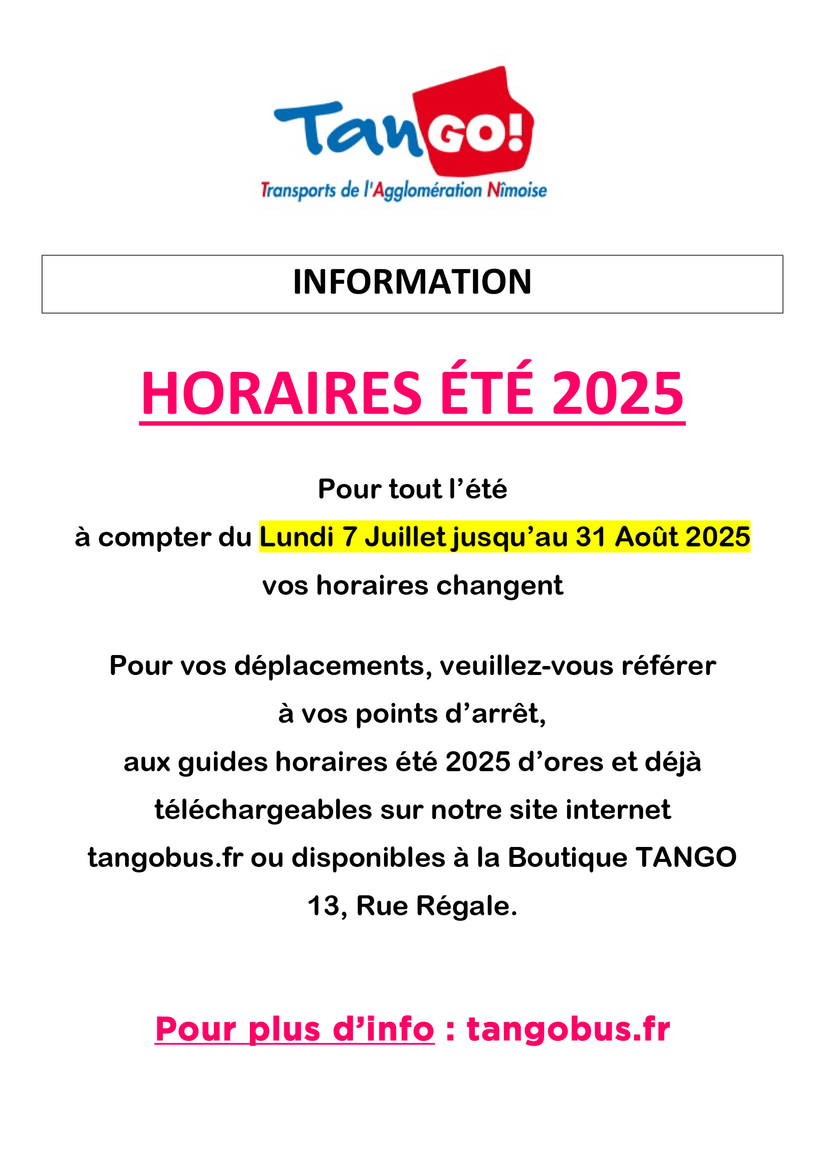 AFF TANGO HORAIRES ETE 2025