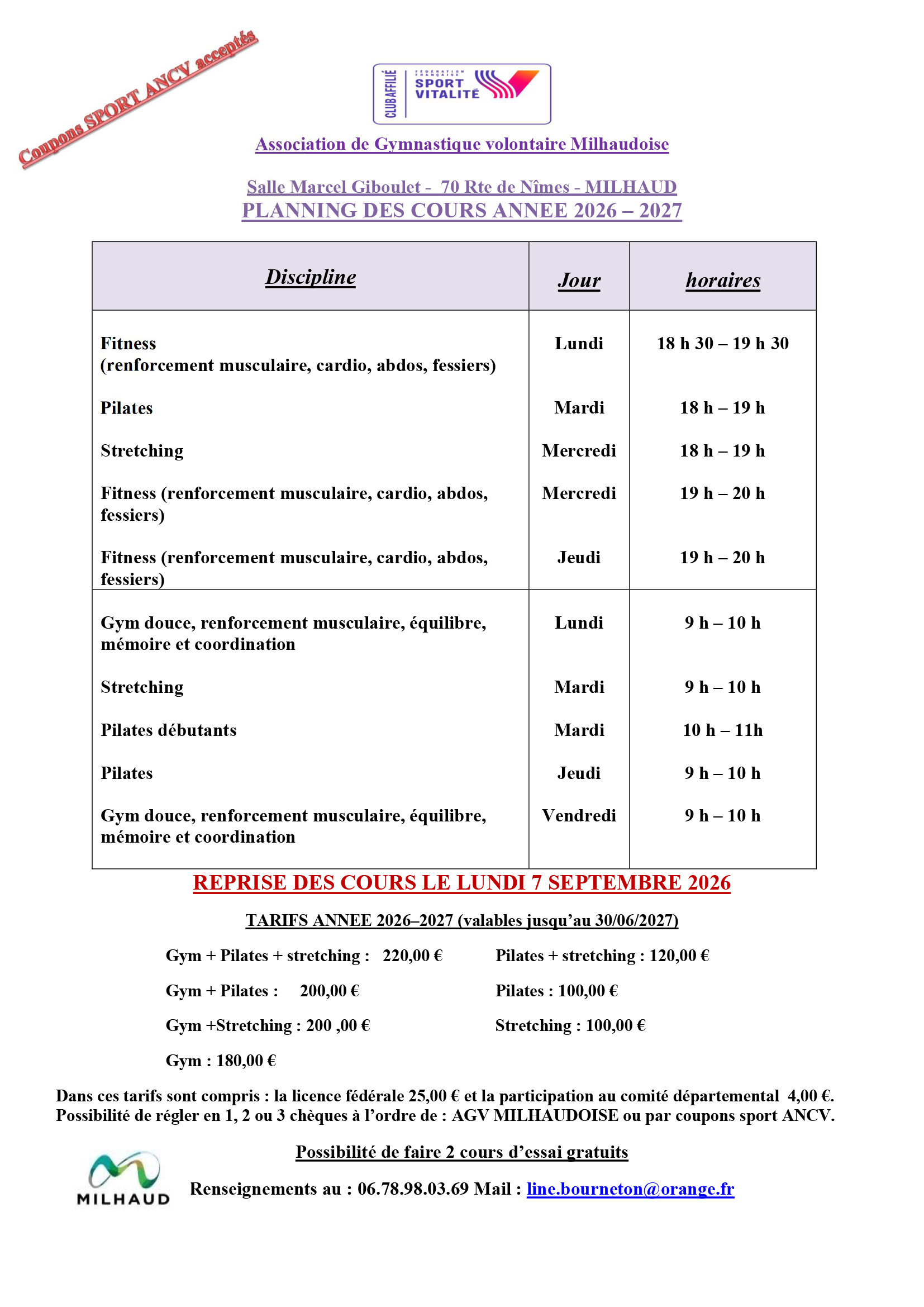 AFF PLANNING HORAIRES 2026 2027