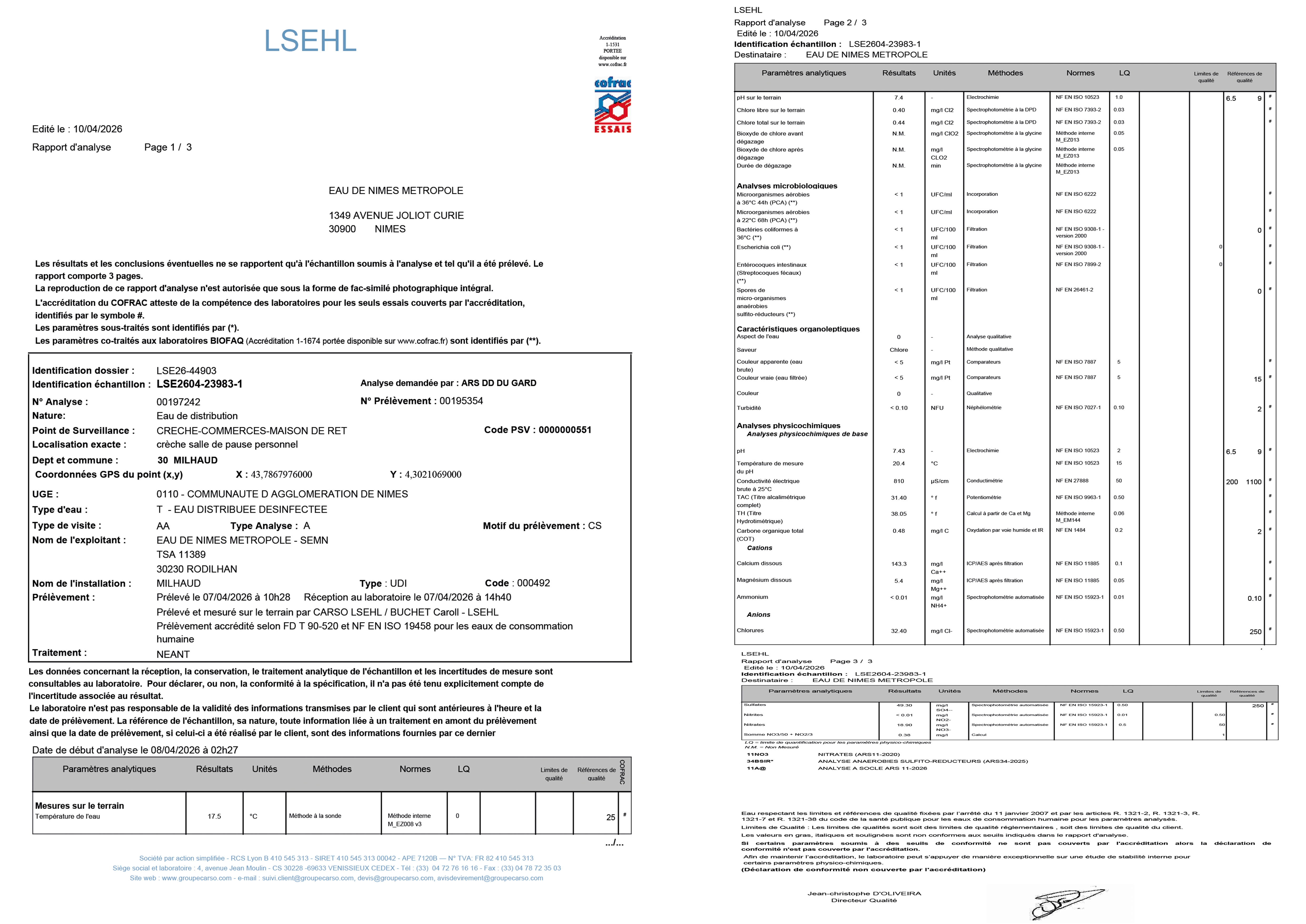 ANALYSES DEAU PRELEVEMENT DU 07 04 2026