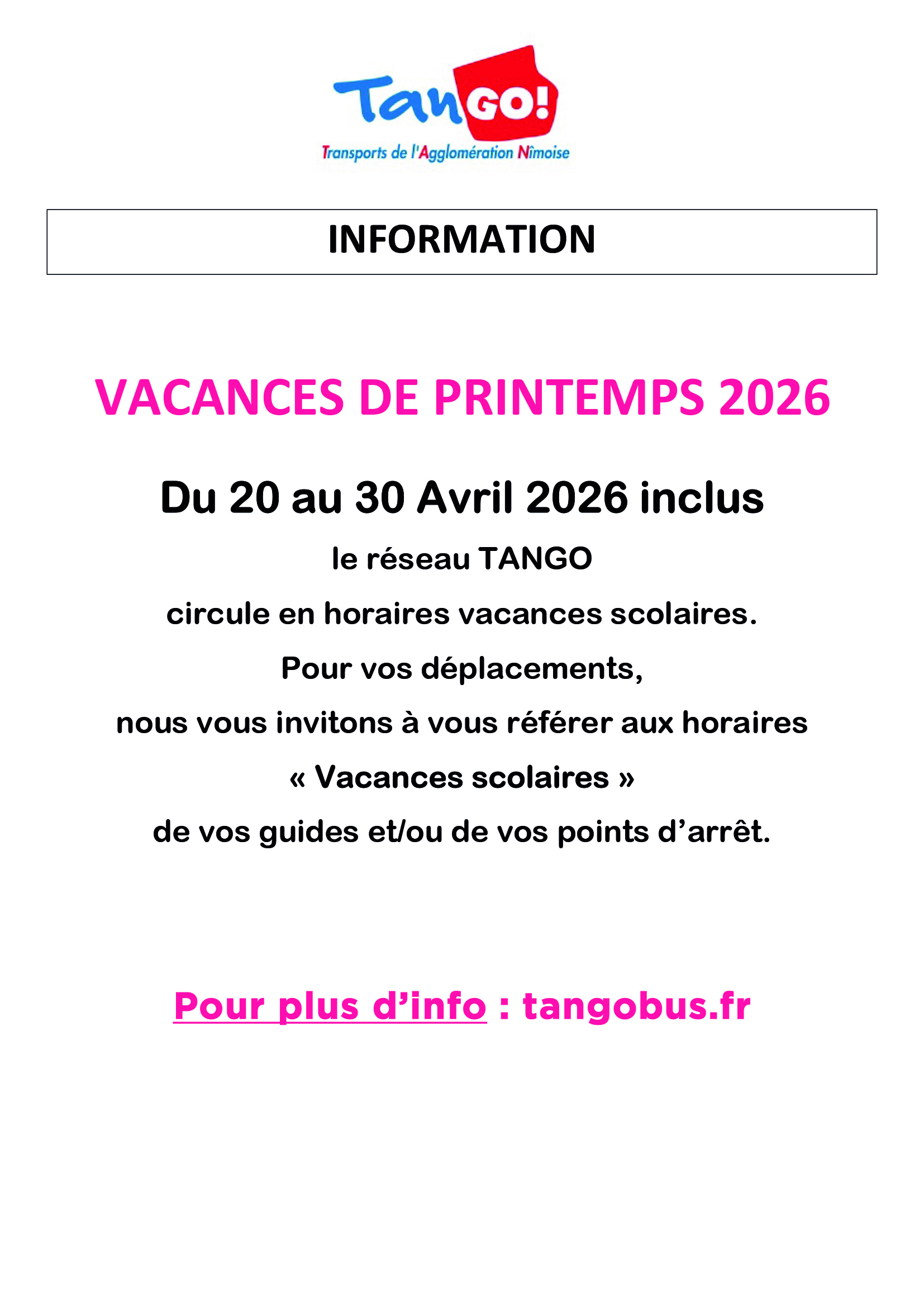 AFF TANGO VACANCES PRINTEMPS 2026